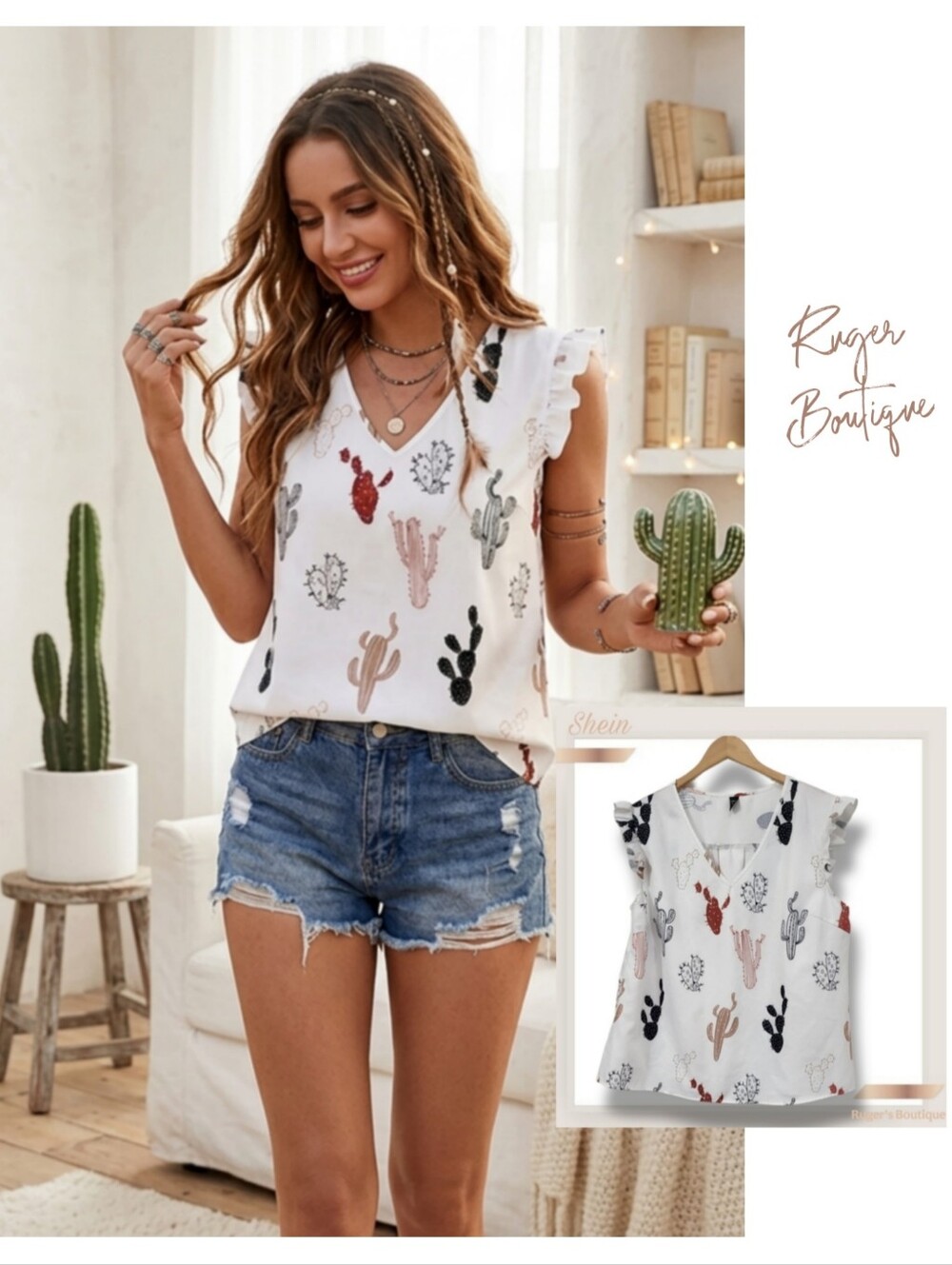 🌿Shein Women's 1X White Cactus Print Ruffle Sleeve Top